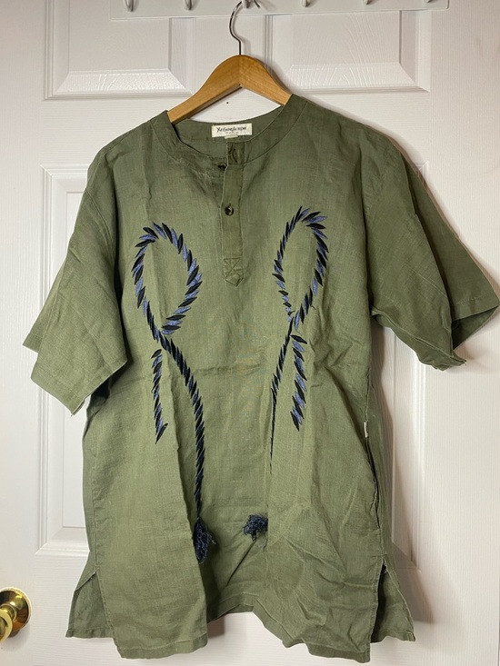 Yves Saint Laurent Other - Yves Saint Laurent Olive Green Short-Sleeve Embroidered Shirt with Navy Detail